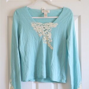 Mainbocher Mint Blue Y2K Lace Accent Cashmere Silk Blend Long Sleeve Top